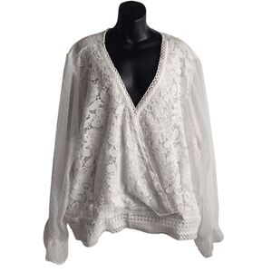 Ashley Stewart Blouse Womens White Lace Shifon V-Neck Wide Sleeve Plus SZ 26/28